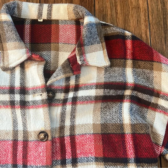 Plaid Flannel Shacket Button Down Jacket Shirt Pockets Red Boho Western Medium - Picture 5 of 14
